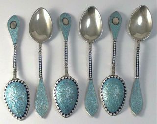 6 Norwegian 800 Silver & Enamel Spoons By Marius Hammer – C1890