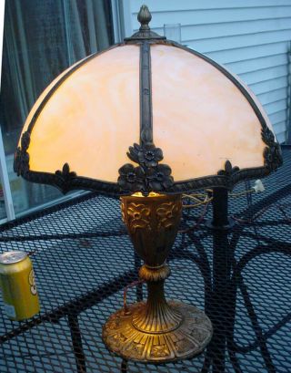 Antique Ornate Signed Miller Curved 6) Panel Carmel Slag Glass Table Lamp Nr