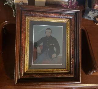 Antique Full Plate Hand Tinted Tintype Of Civil War Soldier In Frame