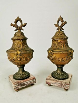 Antique Gilt Metal Urns / Garnitures On Marble Bases