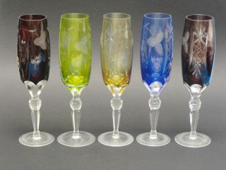 Set Of 5 Antique Nachtmann Traube Bohemian Hand Cut Champagne Glass Faceted Stem