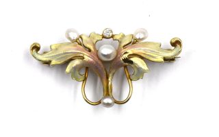 Antique Art Nouveau Diamond Pearl Enamel Pin Brooch 14k Yellow Gold Cressarrow