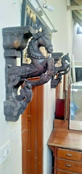 Wall Corbel Horse Pair Bracket Wooden Carved Sculpture Statue Vintage Home Decor