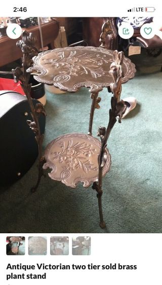 Antique Two Tier Victorian Solid Brass Ornate Plant Stand