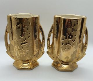 2 Midcentury Mccoy 24k Weeping Gold Double Handle Vases Art Nouveau Vtg 1940 - 60