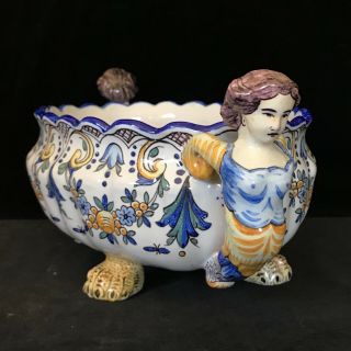 Montagnon Nevers Compote Jardiniere Caryatid Handles Antique French Faience 1910