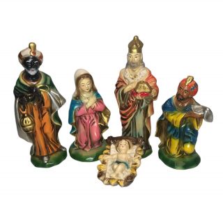 Vintage Paper Mache Nativity Figures Made In Japan Mary Jesus Wise Men Set Of 5
