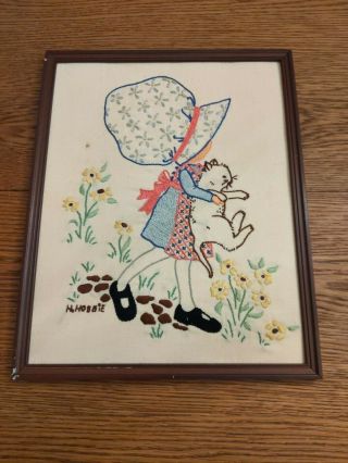 Holly Hobbie Vtg 70s Needlepoint Framed Wall Hanging Nursery Picture (b55)