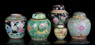 5x Antique Chinese Japanese Famille Rose Porcelain Ginger Jar And Lid 19 /20thc