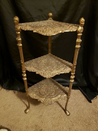 Antique Victorian Style Solid Brass Three Tier Corner Table