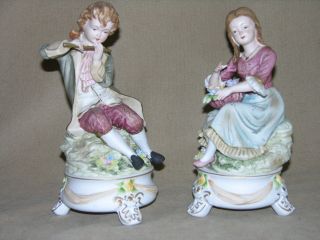 Vintage Andrea By Sadek Japan 7914 Figurines Boy W/flute - Girl W/flowers