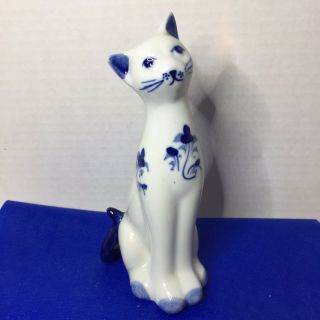 Vintage Porcelain Cat Kitten Statue 6” Tall White Cobalt Blue Floral Feline