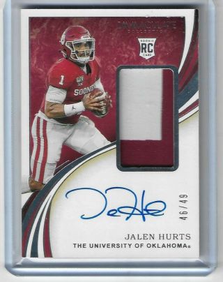 2020 Immaculate Collegiate Jalen Hurts Rc Rpa Patch Auto 46/49 Oklahoma Eagles