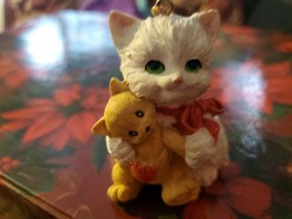 Vntg Long Haired Fluffy White Cat With Red Bow & Tan Kitty Xmas Tree Ornament
