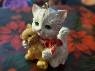 Vntg Long Haired Fluffy White Cat With Red Bow & Tan Kitty Xmas Tree Ornament 2