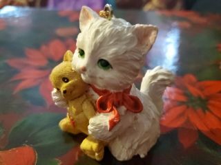 Vntg Long Haired Fluffy White Cat With Red Bow & Tan Kitty Xmas Tree Ornament 3