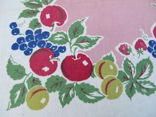 Vtg 40s Tablecloth Cherry Strawberry Grape Pink Cotton 36 X 34
