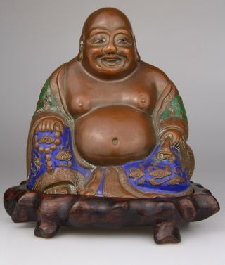 Antique Chinese Bronze Enamel Buddha Figure Statue Wood Stand 19th C.  Qing