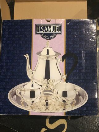 Vintage Boxed H.  Samuel Silverplated Three Piece Tea Service With Tray