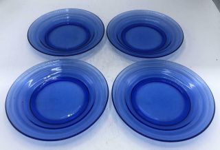 Set Of 4 Vintage Hazel Atlas Cobalt Blue Glass Moderntone Pattern Salad Plates