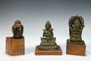 Group Of Old Chinese Asian Bronze Sculptures On Wood Stands