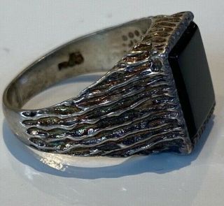 Unusual Vintage Mens Gents Solid Sterling Silver Signet Ring Black Onyx