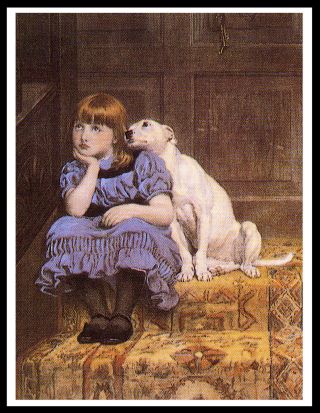 English Bull Terrier Little Girl In Blue Dress Vintage Style Dog Print Poster