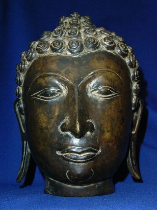 19th C Chinese Bronze Buddha Head With Stand