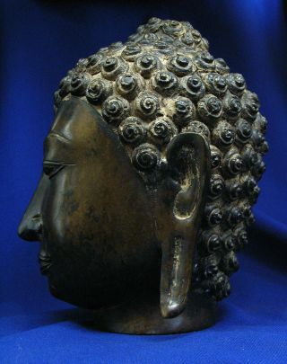 19th C Chinese Bronze Buddha Head With Stand 3
