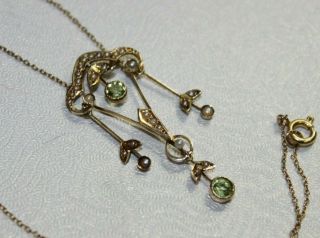 Antique Edwardian Art Nouveau 14k Gold Peridot Seed Pearl Lavaliere Necklace