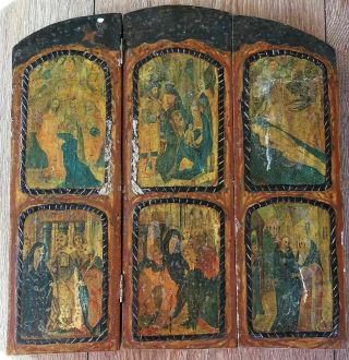 Antique Old Icon Hand Painted 6 Scenes Wooden Travel Tri Fold Icon Triptych