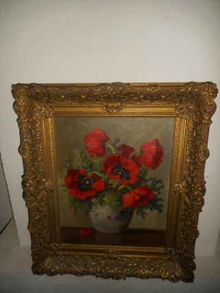 Large Antique Oil Painting,  { Beautful Still Life With Flowers,  Great Frame }.