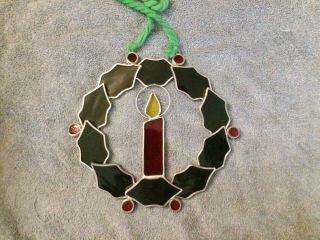 Vintage Christmas Stained Glass Holly Candle Wreath 8 " Hanging Glow Suncatcher