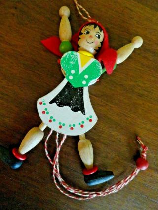 Vintage Jumping Jack Girl Pull String Wood Toy Christmas Ornament