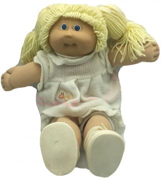 Vintage Cabbage Patch Kid Doll Blonde Yarn Hair Pigtails Blue Eyes Sneakers 1982