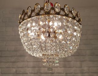 Reserved Antique Vintage Brass & Crystals Low Ceiling Chandelier Lamp Light