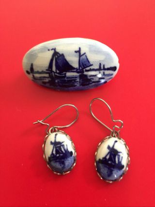 Vintage Hand Painted Delft Blue Sailing Ships Brooch & Pierced Earrings Holland