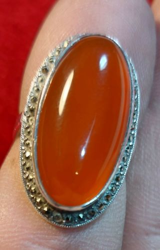 Antique Vintage Sterling Silver Marcasite And Carnelian Ring