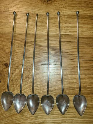 6 Vintage Sterling Silver Heart Spoons Iced Tea Julep Straw Sipper