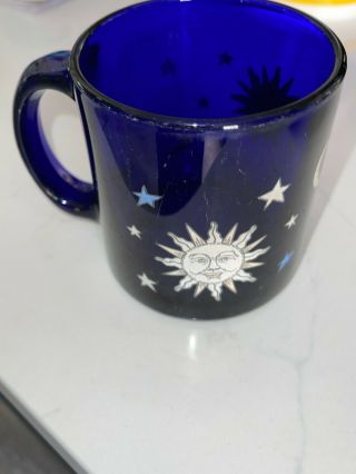 Vintage Libbey Cobalt Blue Glass Mug Celestial Sun Moon Stars Coffee Made In Usa