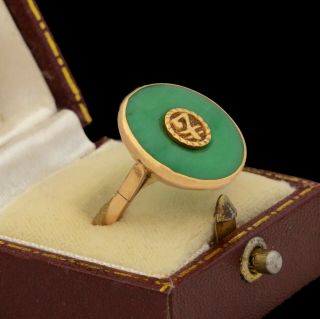 Antique Vintage Deco 14k Rose Gold Chinese Imperial Jadeite Jade Ring Sz 5.  75