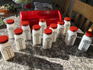 Vintage Art Deco Griffith ' s Milk Glass Spice Jars 12 Bottles/red lids & Rack 2