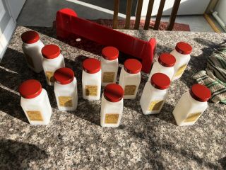 Vintage Art Deco Griffith ' s Milk Glass Spice Jars 12 Bottles/red lids & Rack 3