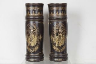 Pair Fine Large Antique Chinese Carved Bamboo Hand - Painted Gilt Ornamental Vases