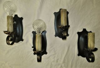 Set Of 4 Antique Gothic Wrought Iron Sconces Light Fixture Chandelier 1910 