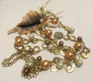 Joan Rivers Signed Vintage Necklace Strand Dangle Faux Pearl Peach Color Gold.