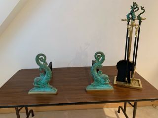 Vintage Fireplace Andirons And Matching Tools