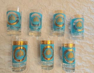 Vintage Blue And Gold Drinking Glasses Set Of 7