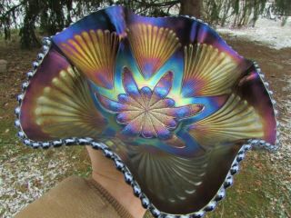 Dugan Petal & Fan Antique Carnival Art Glass Large Master Bowl Purple A Beauty