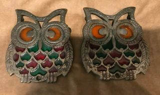 Vintage Mid Century Stained Glass Owl Cast Metal Trivet Plate Pad - Set Of Two